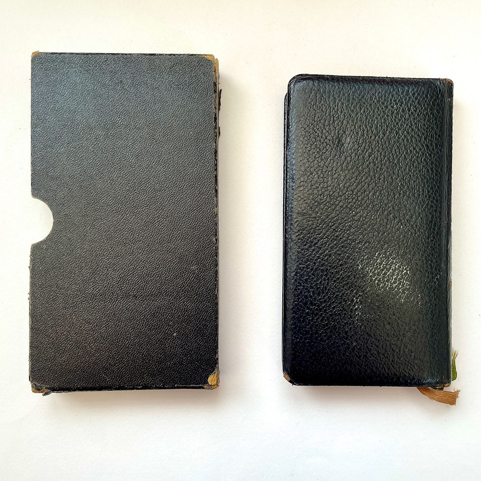 Miniature : Rear cover of 1960 leather-bound Catholic prayer book with rear of slipcase.