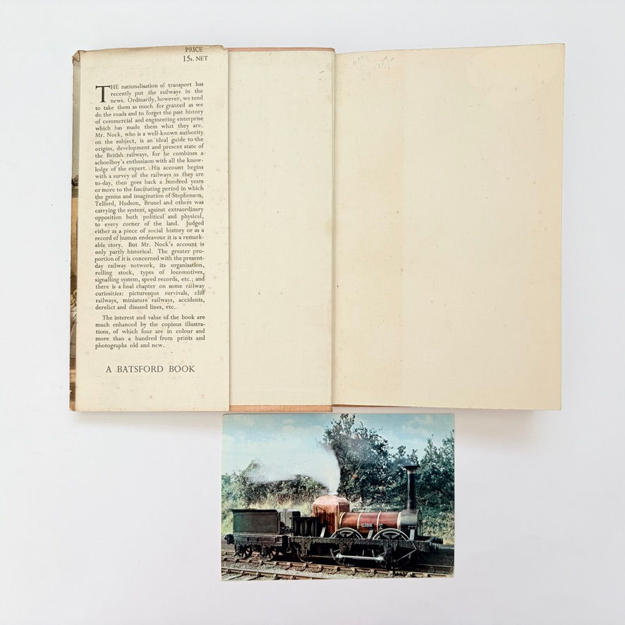 Thumbnail: Front endpapers with vintage steam locomotive postcard insert