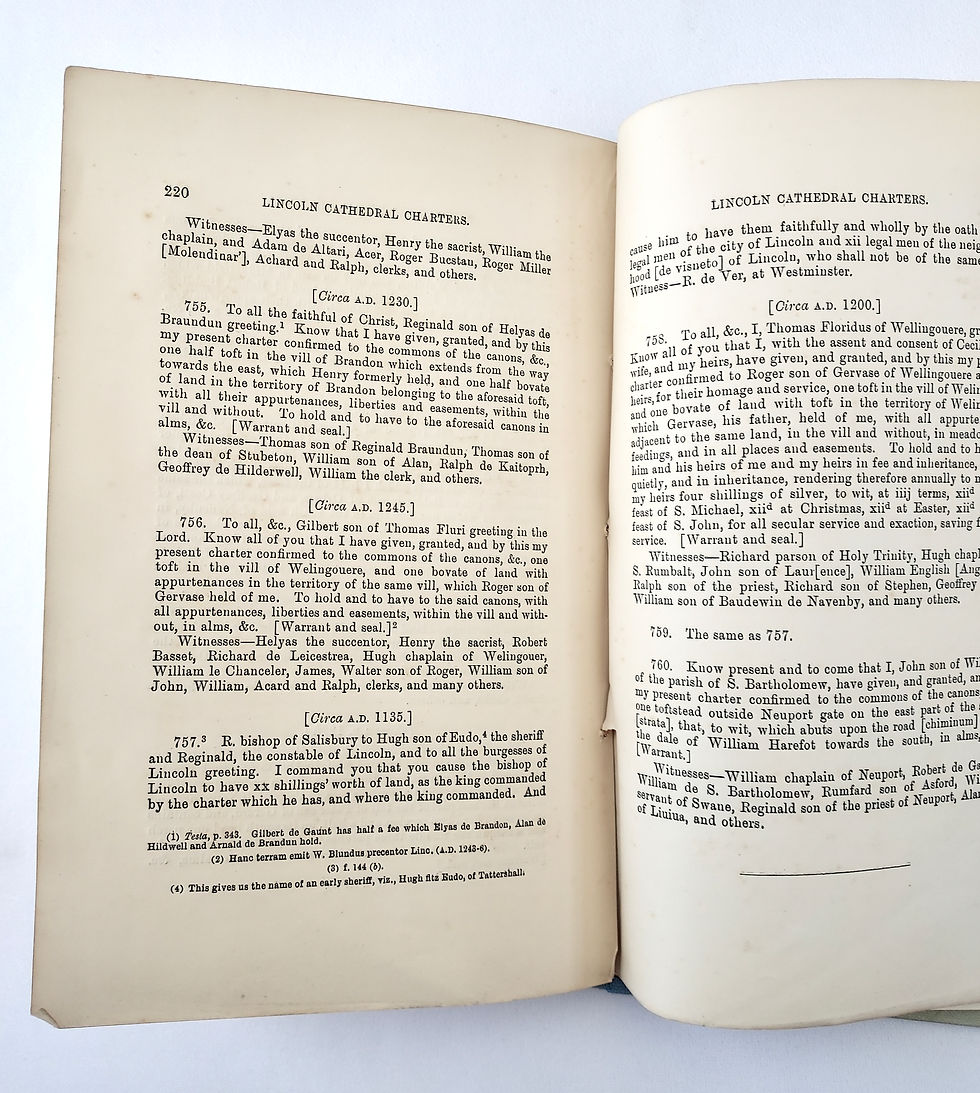 Thumbnail: Pages 220 and 221 of Lincoln Cathedral Charters volume two c1904, showing light inner margin rip and aged paper.