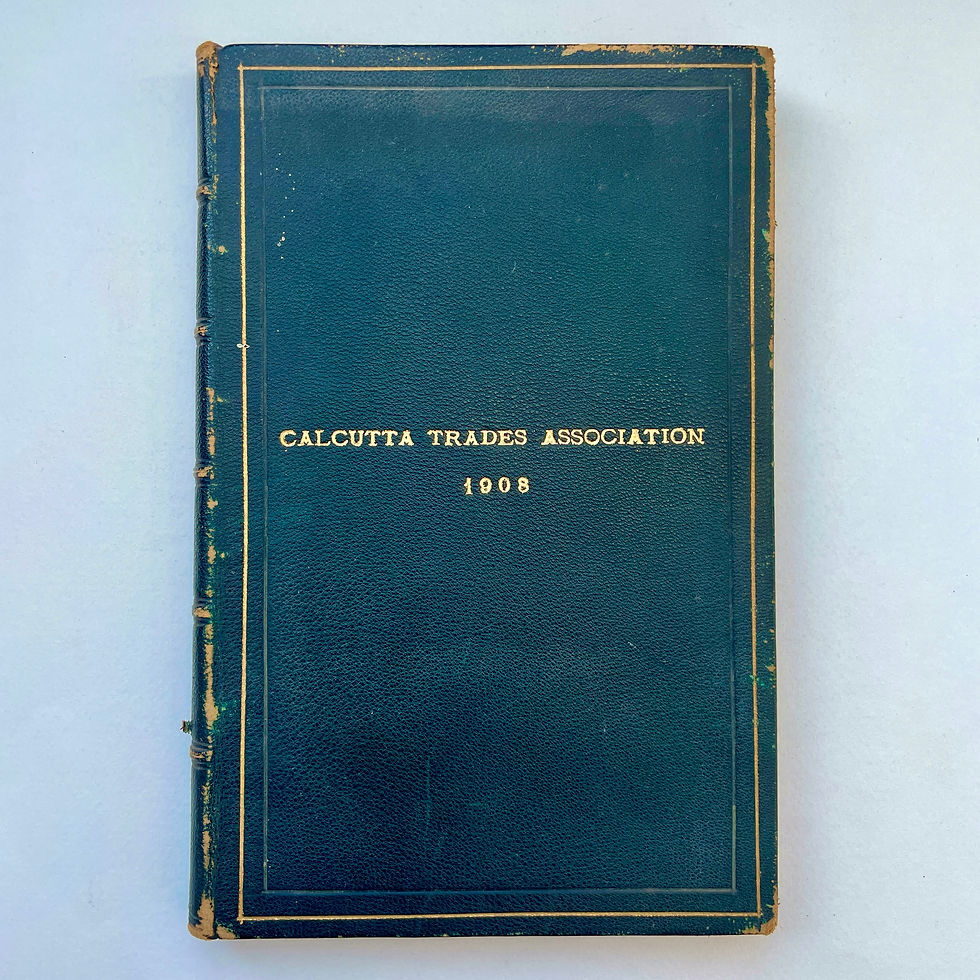 Front board of 1909 Calcutta Trades Association Report, dark blue leather with gilt lettering and borders