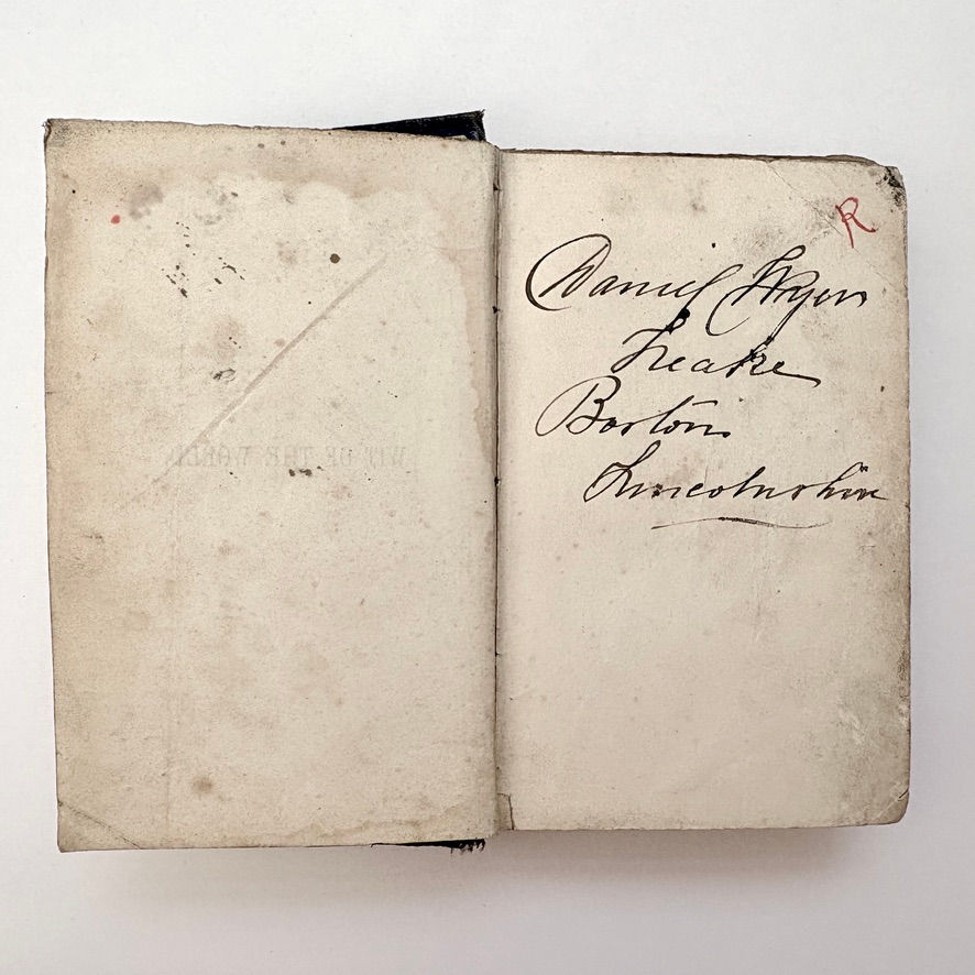 Pikkukuva: Front flyleaf with Daniel Wyman Peake Boston Lincolnshire inscription