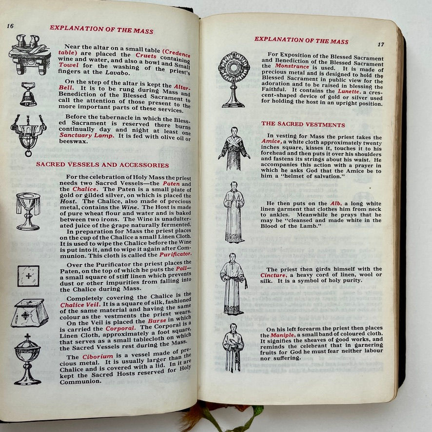 Miniature : Open missal showing text layout and illustrations 1960