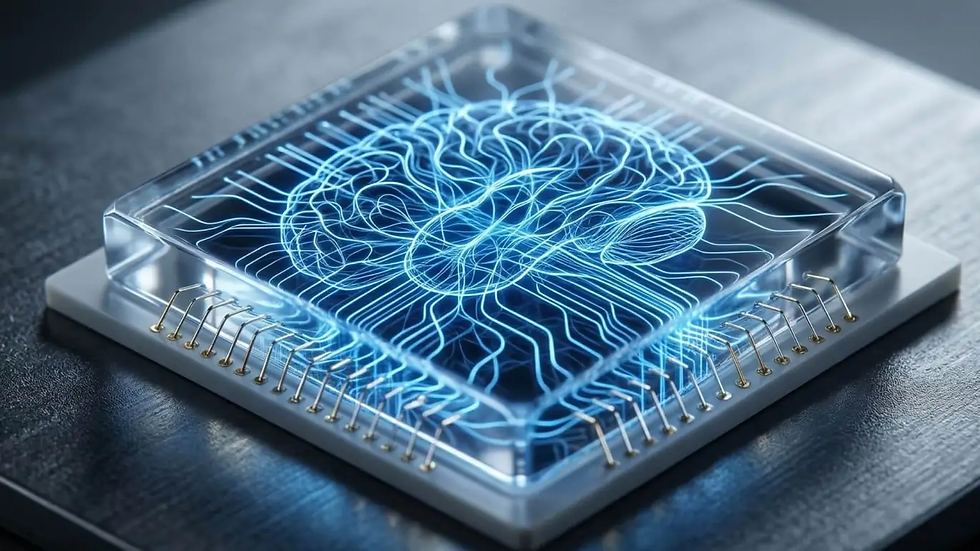 Recreación artística que muestra un microchip de cristal translúcido con un patrón de luz azul neón en su interior que simula una red neuronal. Foto: Nano Banana / Scruzcampillo.