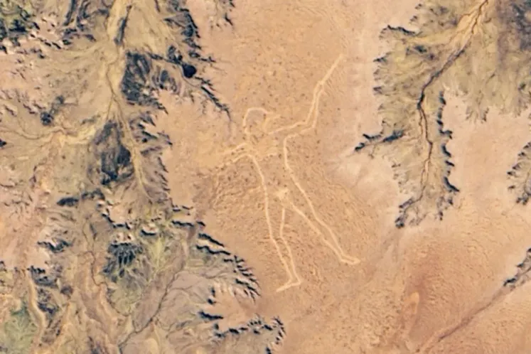 El geoglifo conocido como "Marree Man" representa a un cazador aborigen australiano, desnudo, sosteniendo un búmeran o un arma arrojadiza similar. Su contorno se extiende a lo largo de unos 28 kilómetros. Foto: NASA