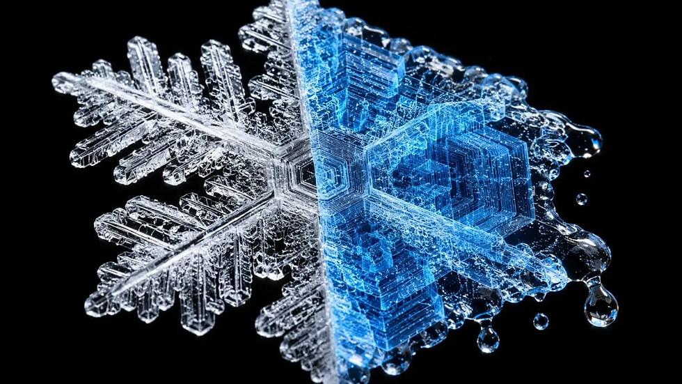 Recreación artística tridimensional de un copo de nieve durante su deshielo mediante inteligencia artificial. ChatGPT, César Noragueda.