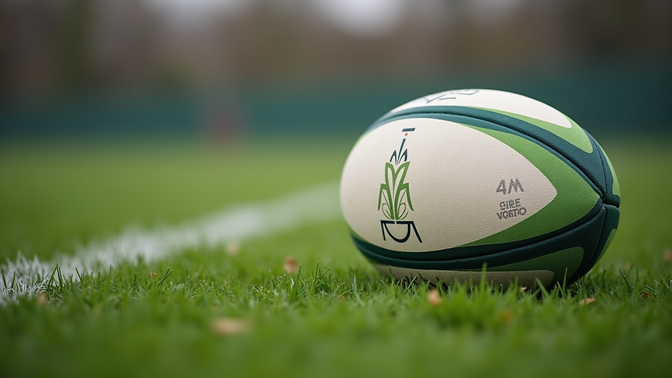 Close-up view of rugby ball on grass field during training