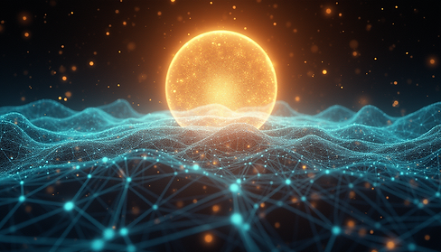 “Futuristic yet mythic visualization of a digital map of the psyche. Neon-blue network lin