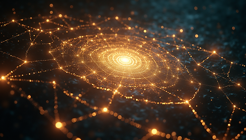 “Cinematic wide shot of a glowing web of stars in deep space, slowly pulsing with energy.