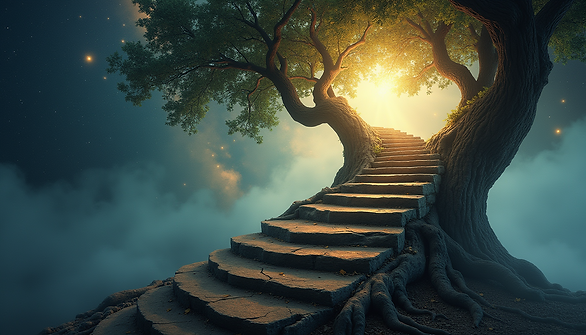 _A spiral staircase winding gracefully upward through an ancient tree, gradually blending