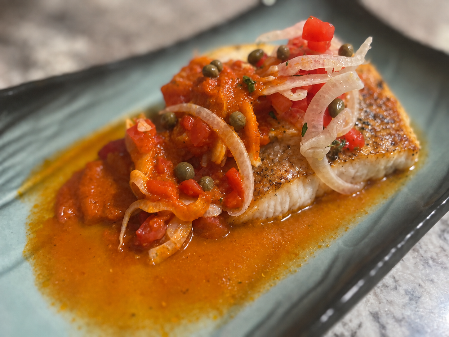 Wild Caught NE Cod w/Roasted Tomatoes, Red Pepper & Fennel Sauce with Capers