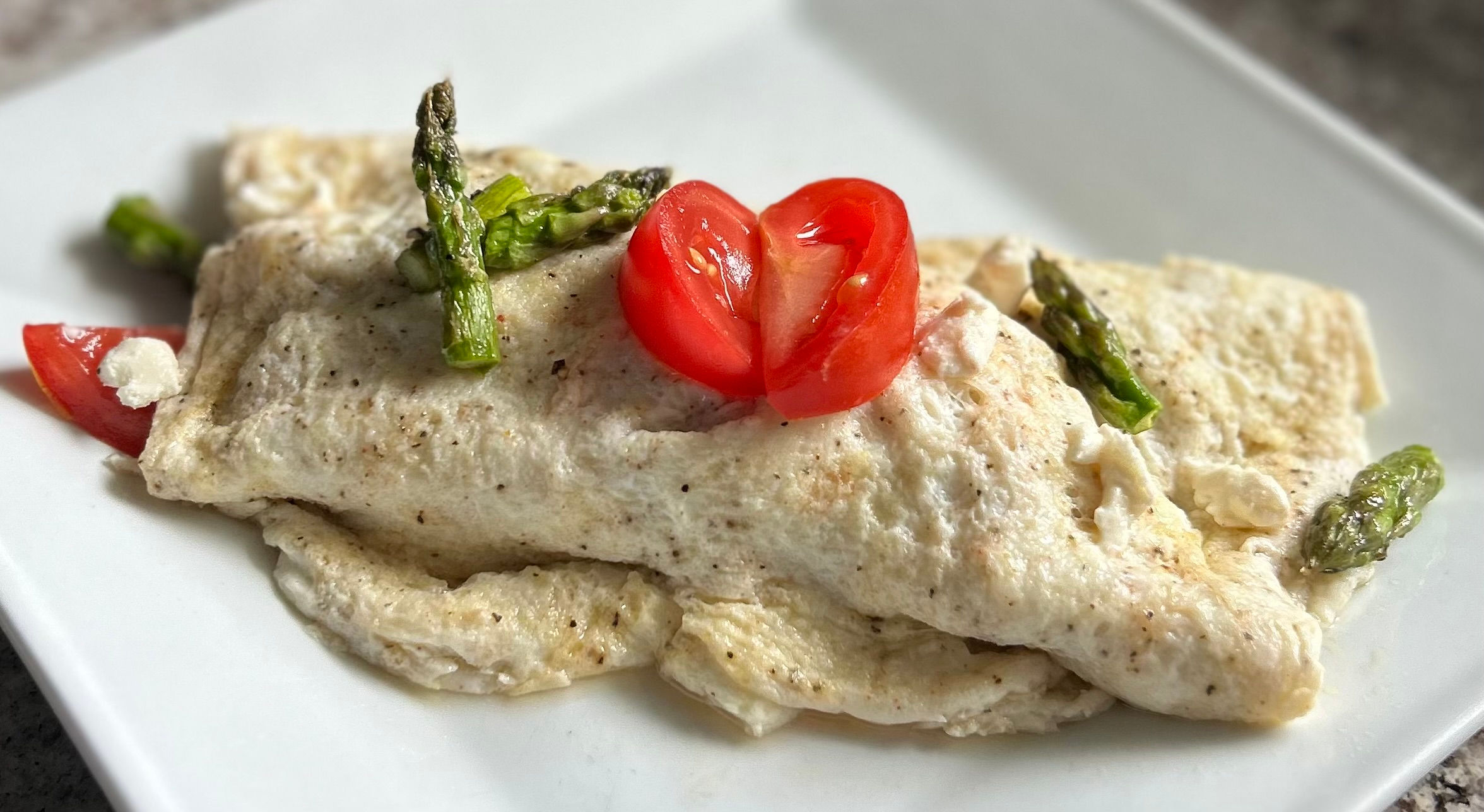 BREAKFAST: Egg White Omelette of the Week: Asparagus, Tomato,  Goat Cheese