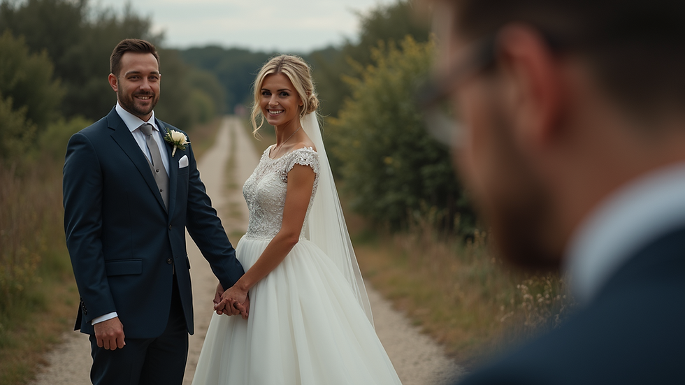 Eye-level view of a wedding photographer adjusting camera settings