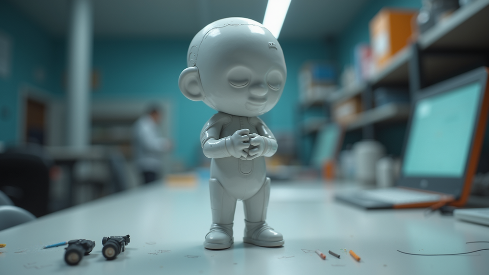 Eye-level view of a detailed 3D character model in a digital workspace