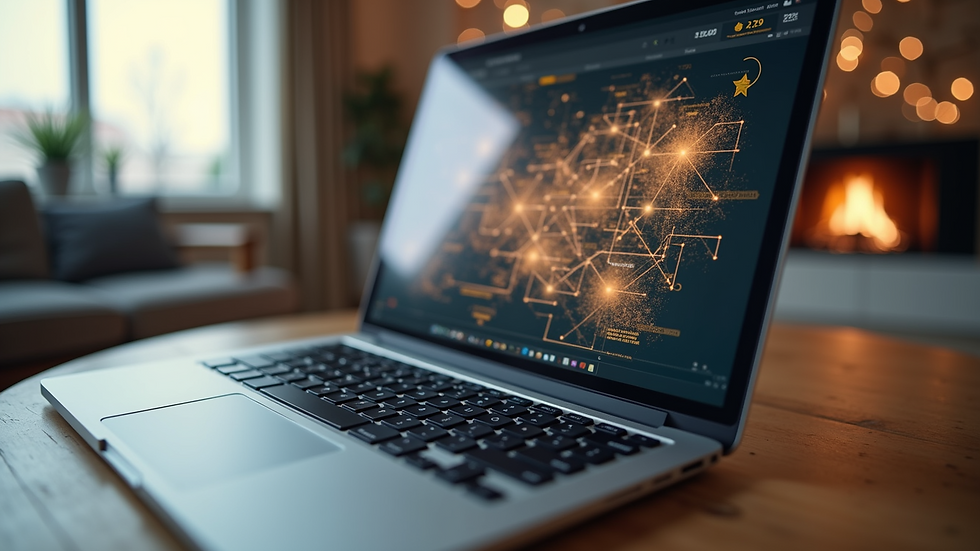 Eye-level view of a modern living room interactive design on a laptop screen