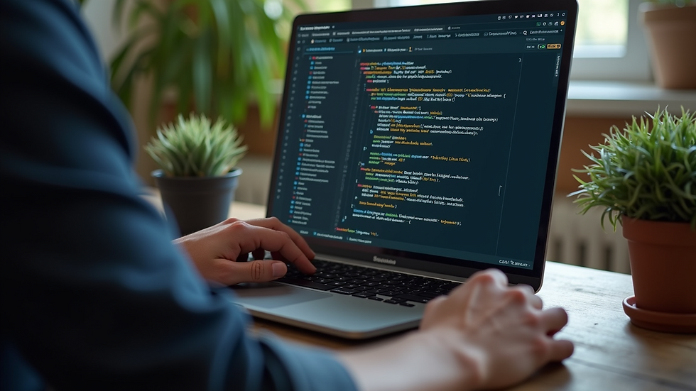 High angle view of a developer working on a laptop with code for dynamic web design