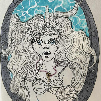 An illustration of a black and white mermaid with flowing hair, looking directly at audience. Blue ocean ripples surround the frame she is placed inside of.
