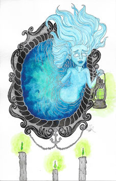 An illustration of a blue ghost emerging from a silver-guilt mirror frame. She is holding a lantern, glowing with a greenish light. Three grey candles with the same green flame rise from the bottom. 
