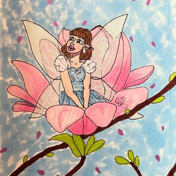 A tiny fairy wearing a blue princess dress, sits in the middle of a pink, blooming magnolia flower. Branches with green leaves and purple blossoms surround her, set against a blue background.