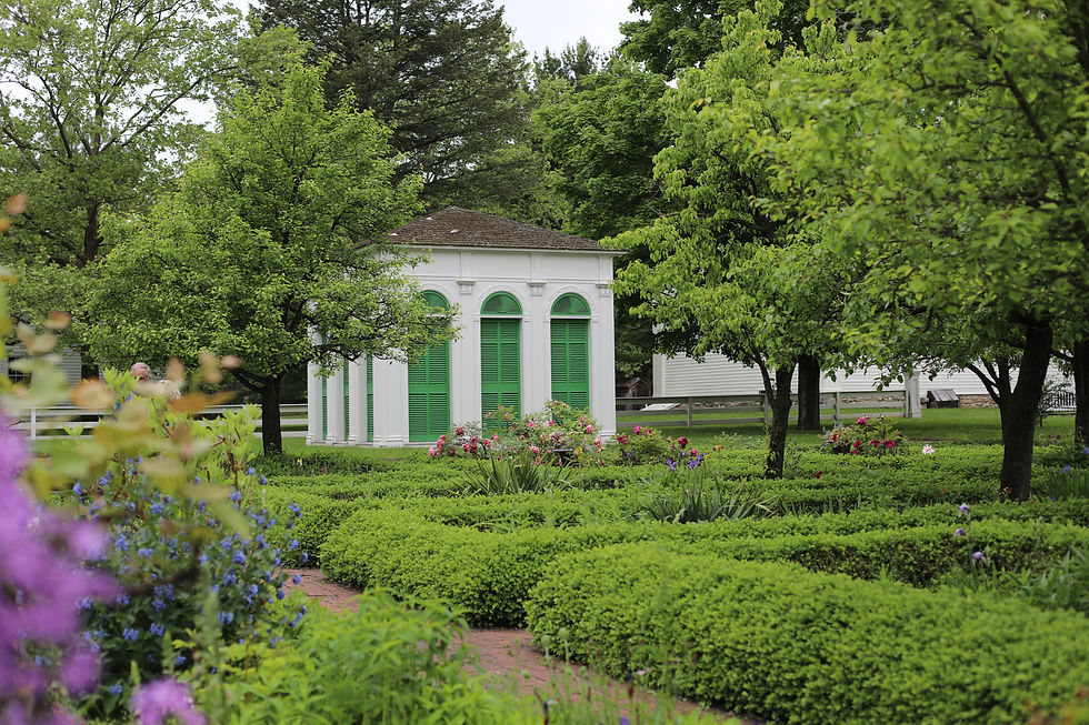 Livingston-Backus House gardens and summer house.