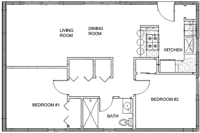 Blue Print drawing of a 2 bedroom, 1 bathroom ADU in chicago