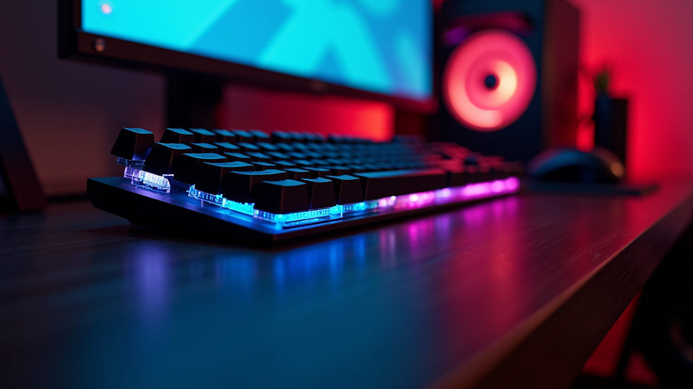 Eye-level view of a gaming setup with a colorful LED keyboard