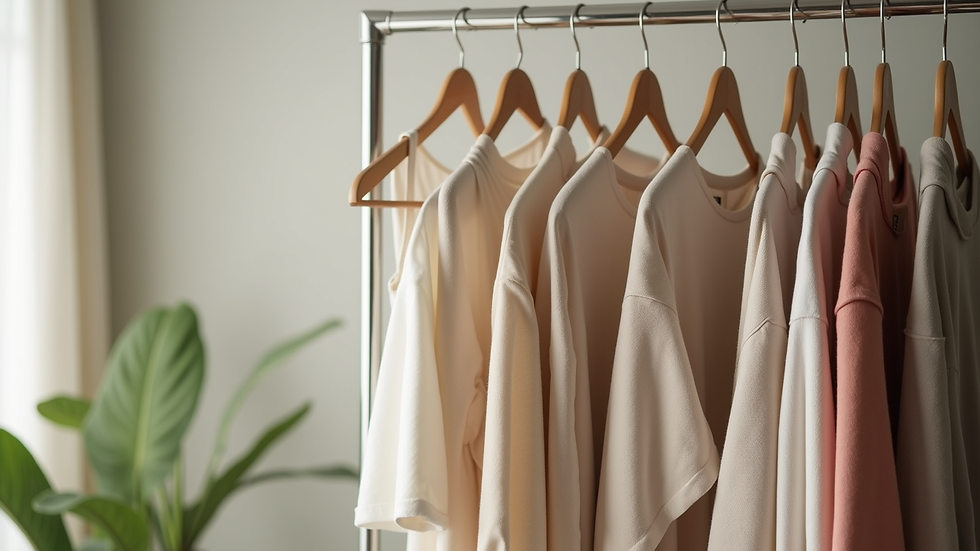Eye-level view of a clothing rack displaying organic cotton garments