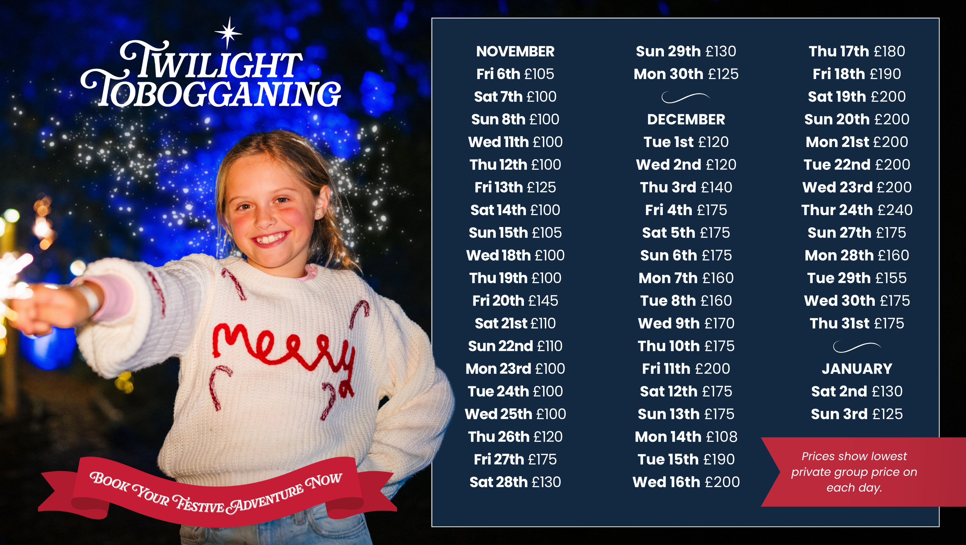 Twilight Tobogganing beneath the festive lights at Mendip Activity Centre
