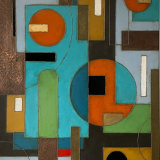 Complex geometric abstract painting, with squares and circles in strong turquoise, orange, green, ochre and black.