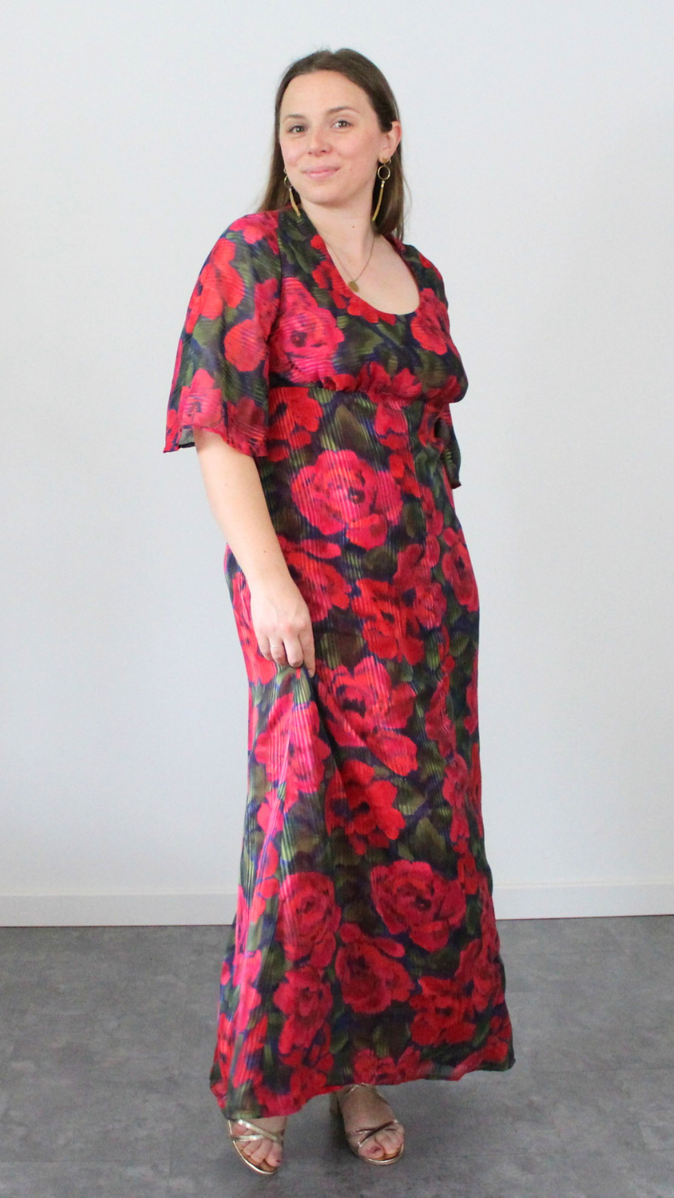 Miniature : Robe longue fleurie sur mesure années 70 - Convient jusqu'au 40/42