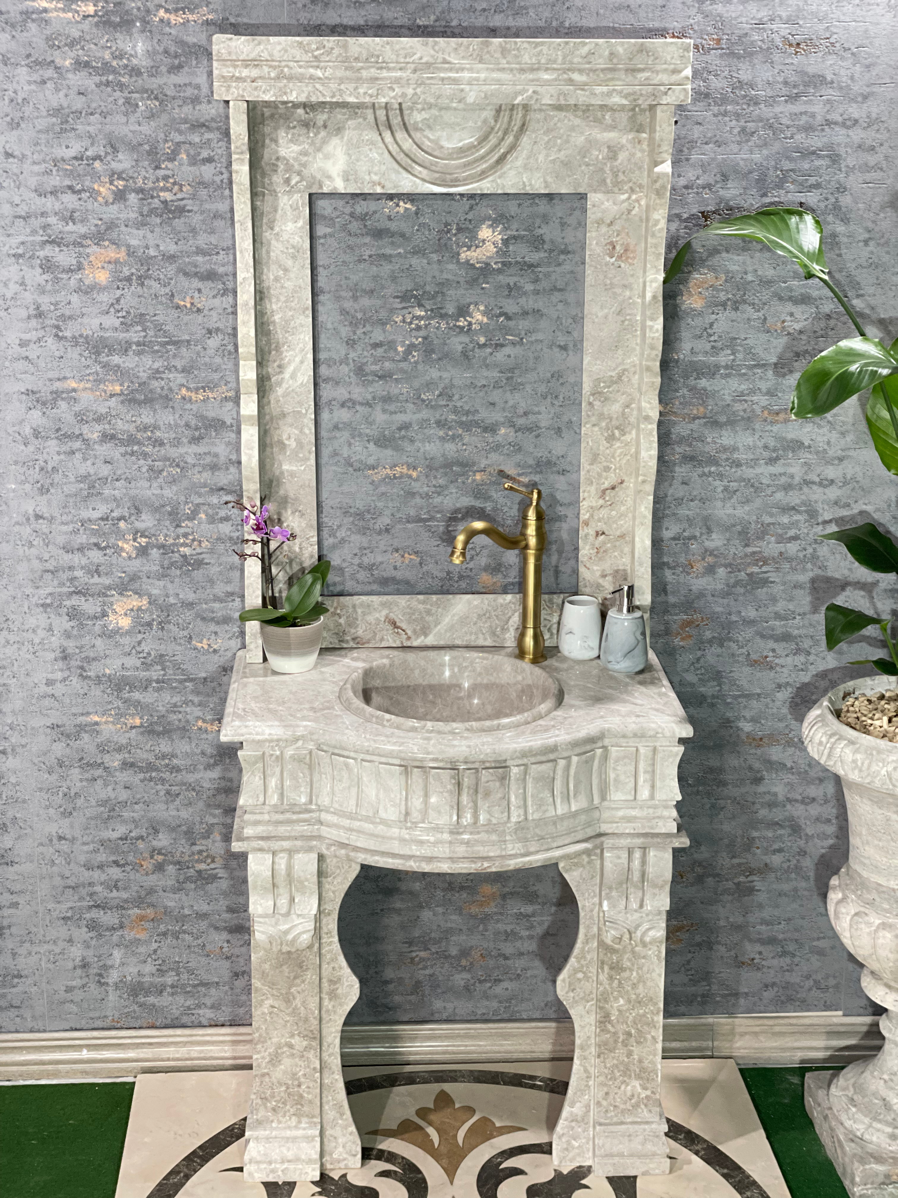 Marmor Standwaschbecken mit Spiegelrahmen Grau klassisch