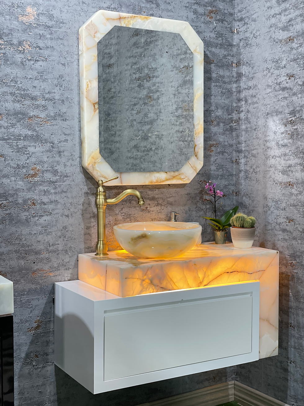 Miniaturbild: Onyx Wandwaschbecken mit Unterschrank und Spiegel Weiß/Braun Luxus