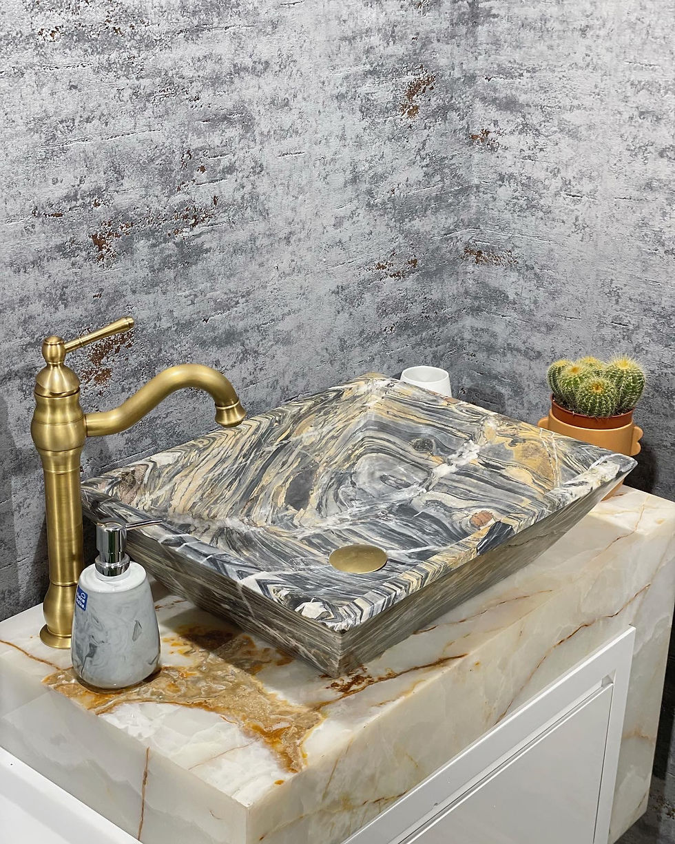 Miniaturbild: Marmor Aufsatzwaschbecken Schwarz/Weiß viereckig