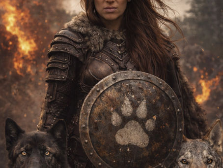 Marina Dantas générée par IA avec ses chiens loups en mode guerriere