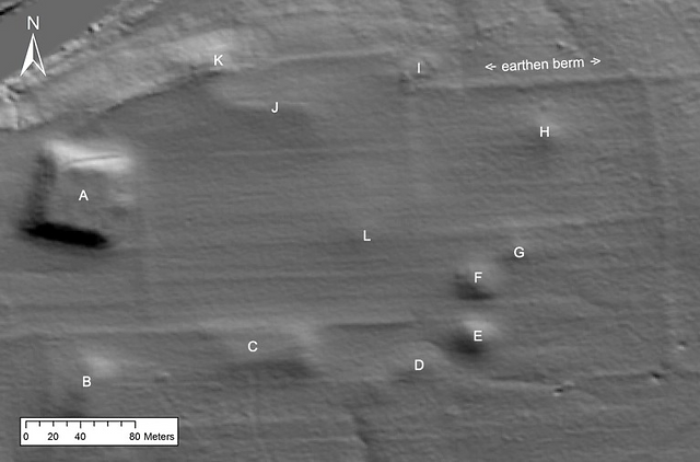LiDAR data digital elevation model showing the Mound Bottom site core with mound designations and gr