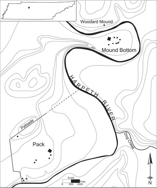 6.1. Map of Mound Bottom and Pack Mound complexes, Cheatham County, Tennessee. (map courtesy of Mich