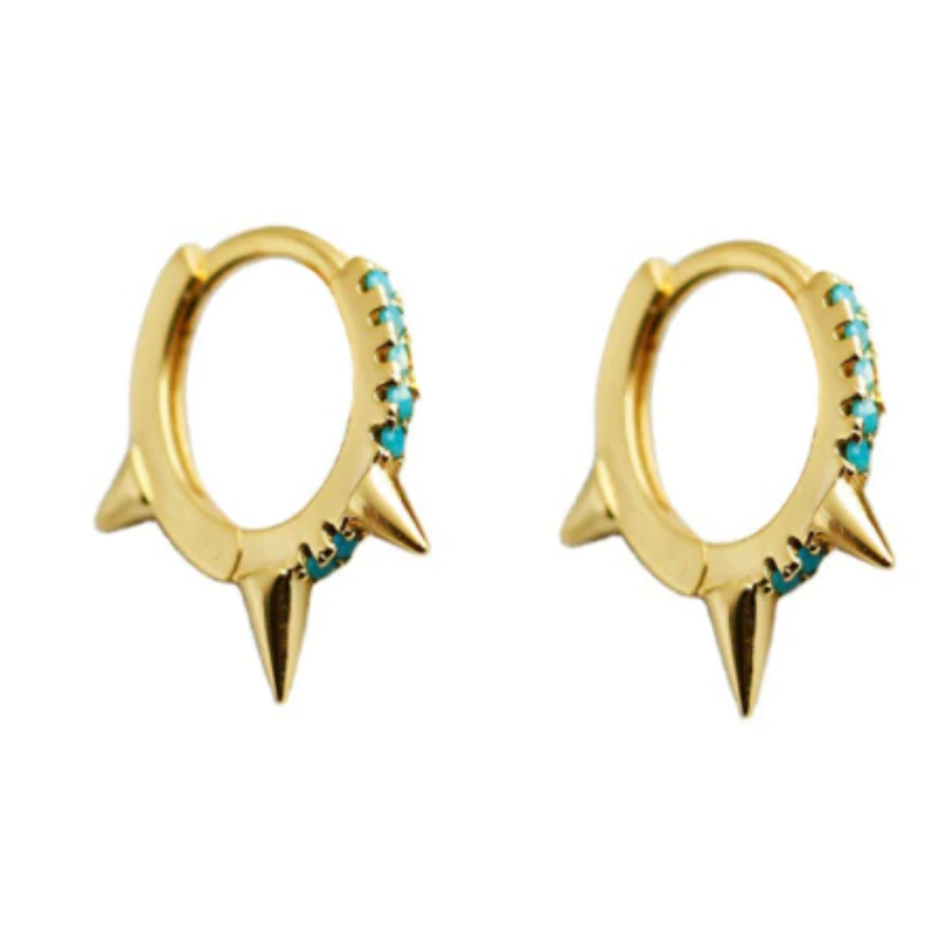 Gold Turquoise Spiked Huggie Hoop Earrings