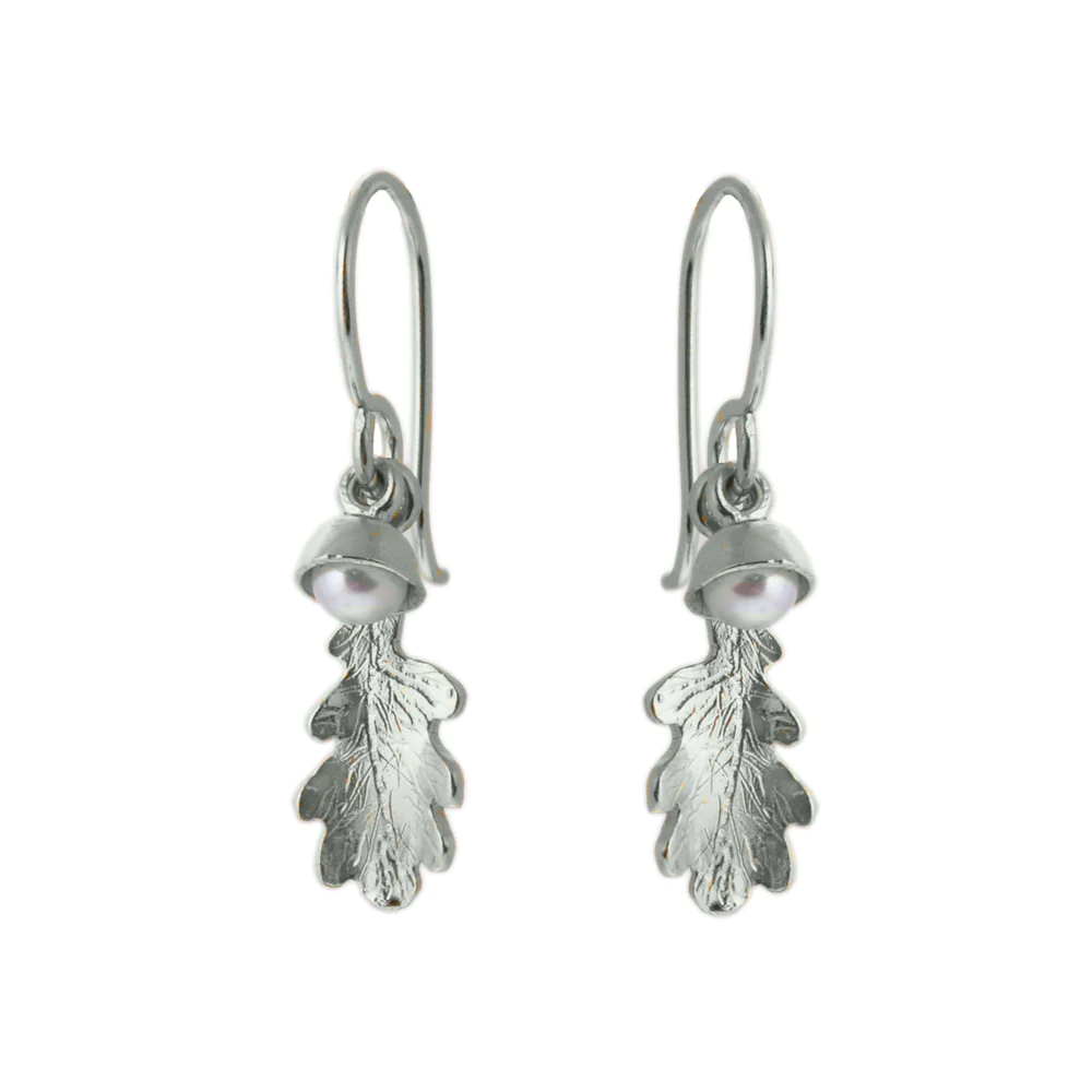 Claire Troughton Small Oak Leaf Hook Earrings With White Pearl