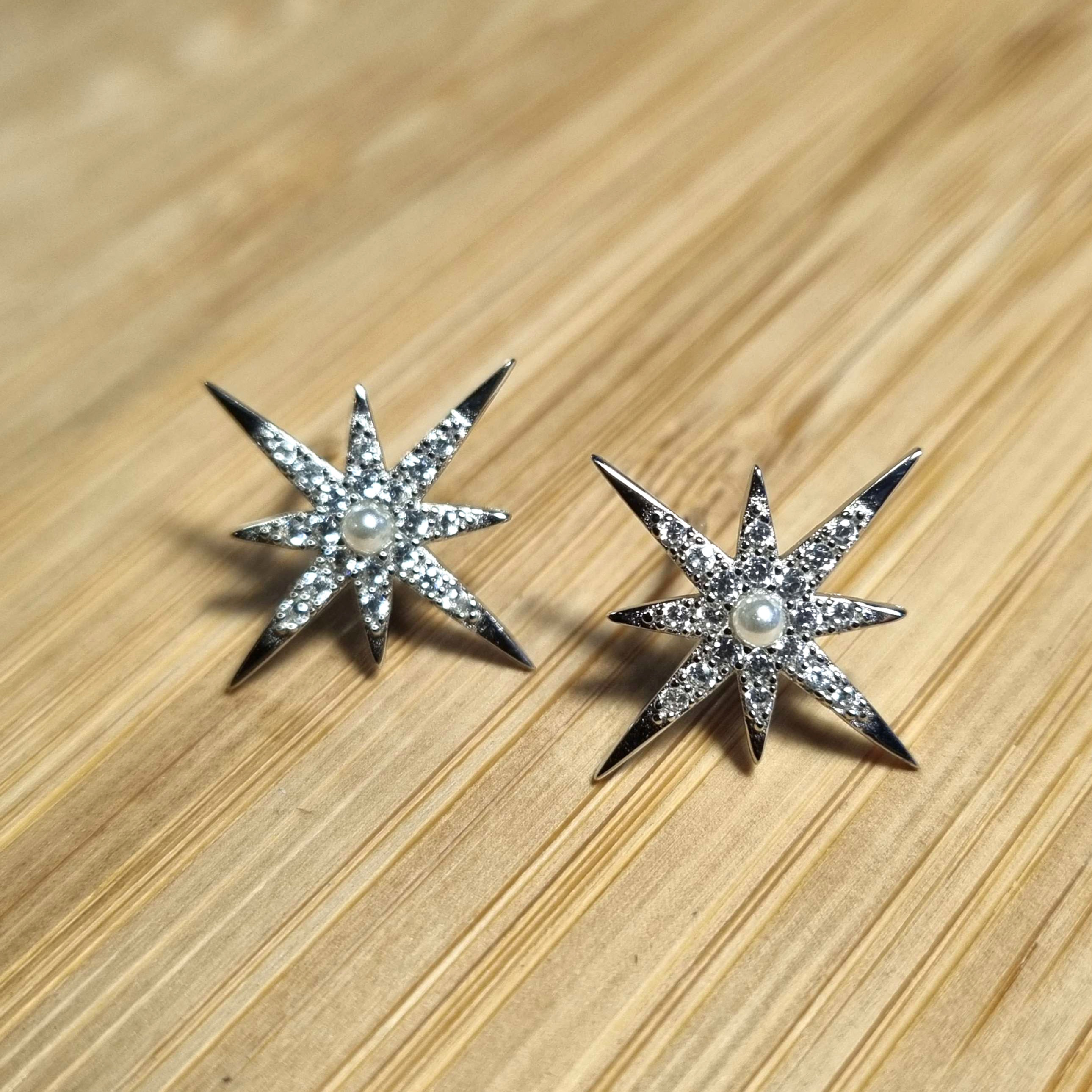 Large Sparkling Starburst Stud Earrings Silver
