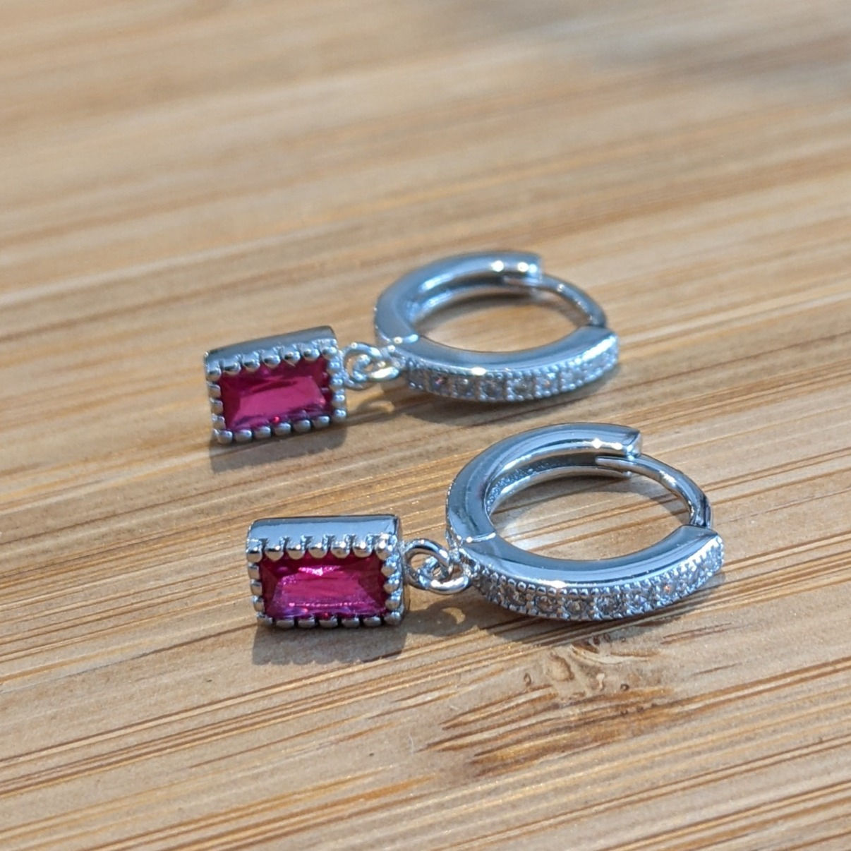 Huggie Hoops CZ Ruby Pink Drop Earrings