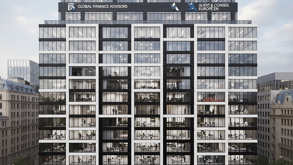 Eye-level view of a modern office building with multiple floors
