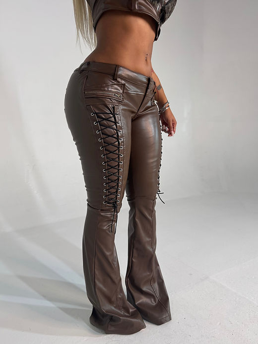 Dulsè Embossed Lace-Up Flared Leather Pants- Mocha Brown | Dulsè