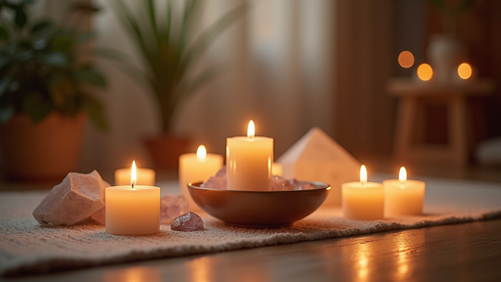 Eye-level view of a serene meditation space with candles and crystals