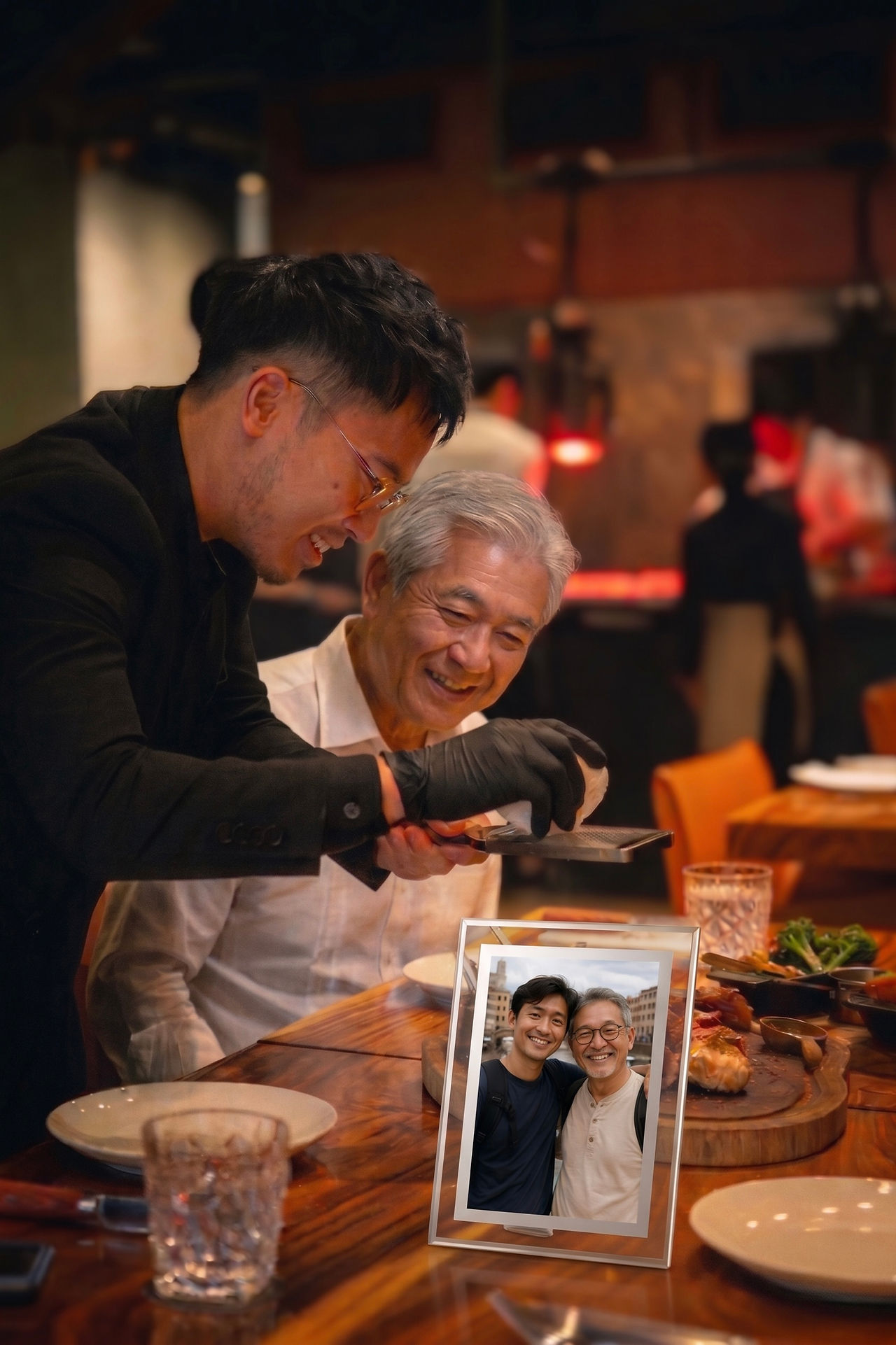 Father's day dinner with steak and personalised photo frame as gift