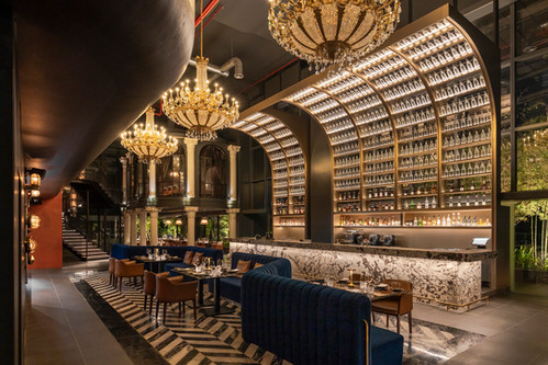 dining hall with 3 giant crystal chandelier