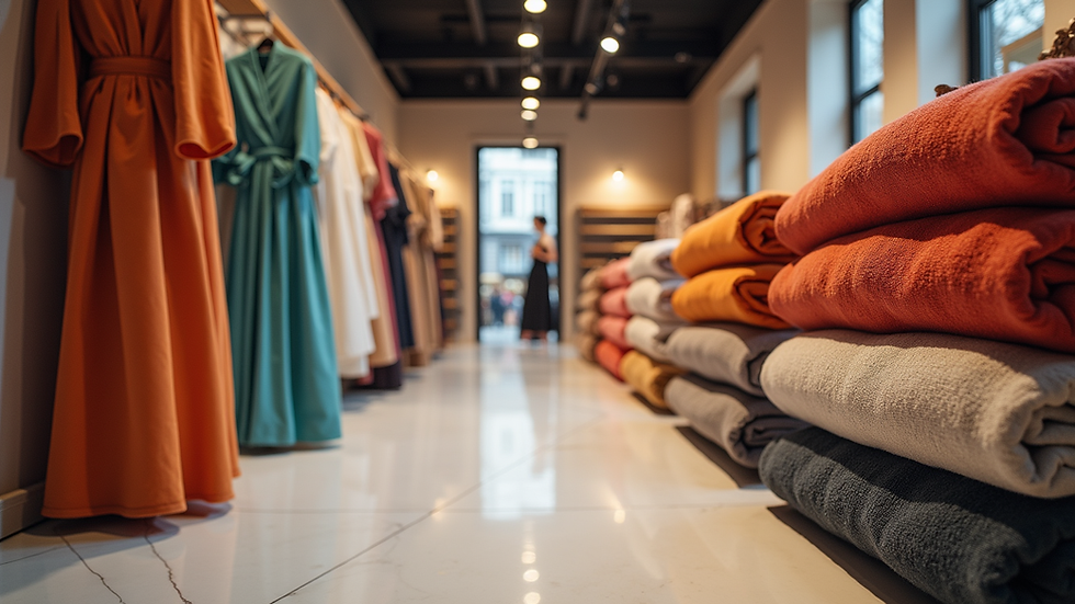 Eye-level view of a stylish boutique interior with colorful fabrics