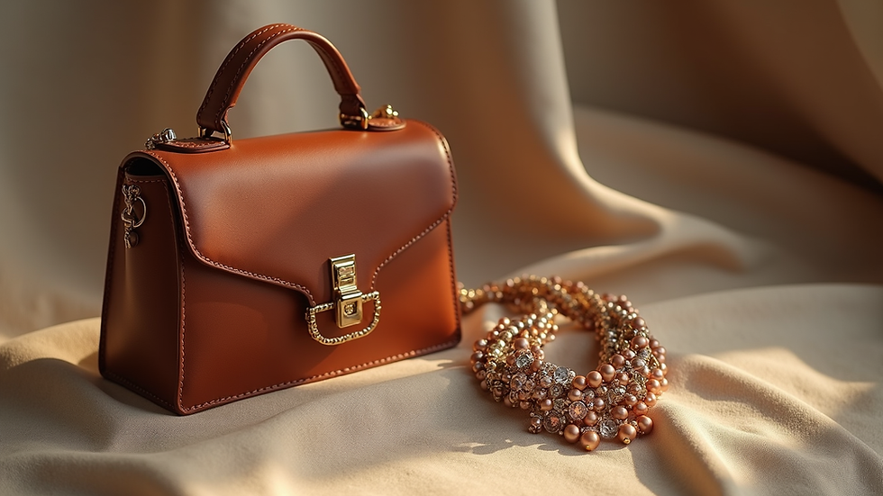 close-up view of elegant accessories including necklace and handbag