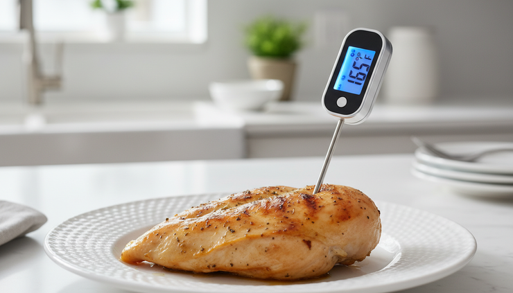 Close-up of a digital food thermometer inserted into cooked chicken.