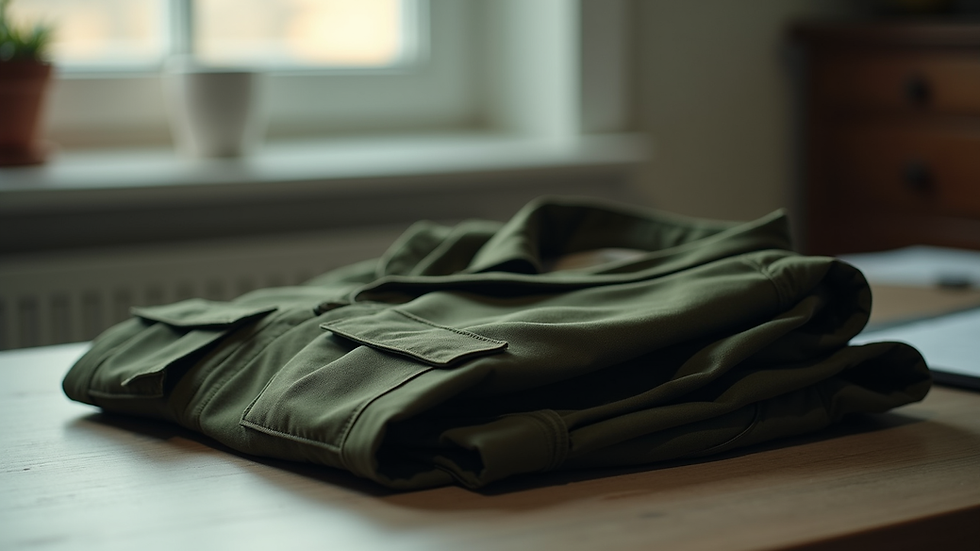 Eye-level view of a military uniform neatly folded on a desk