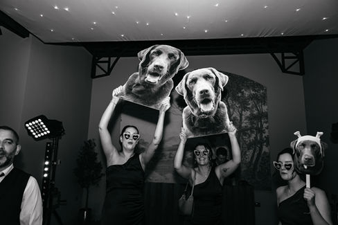 Bridesmaids holding dog head props at High House Wedding, Maldon
