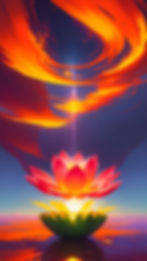 Glowing lotus flower with a floating lotus flower on top. There is a stream of energy rising from the center into swirling clouds in the sky.